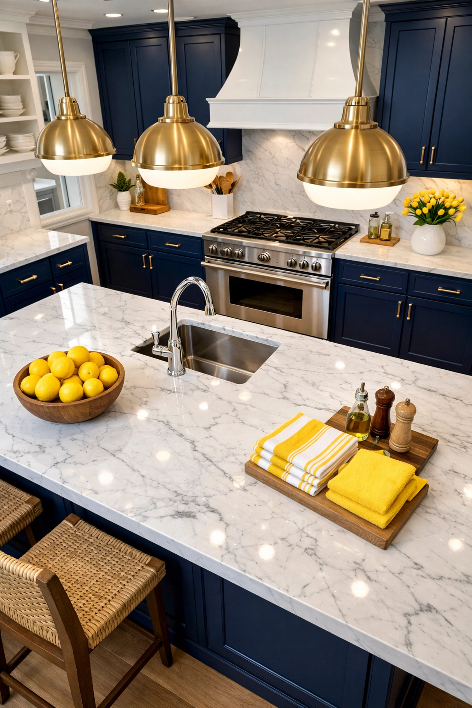 A spotless luxury kitchen with gleaming countertops from regular Worcester house cleaning services.