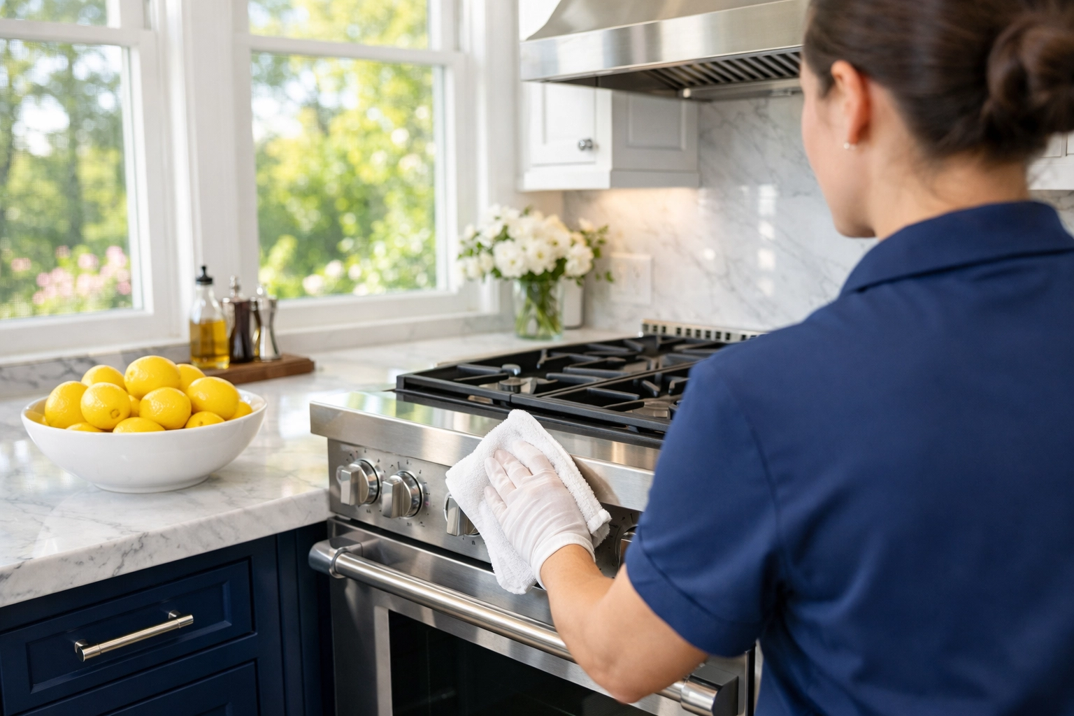 Professional cleaners MA performing a thorough deep cleaning in a luxury kitchen with marble counters.