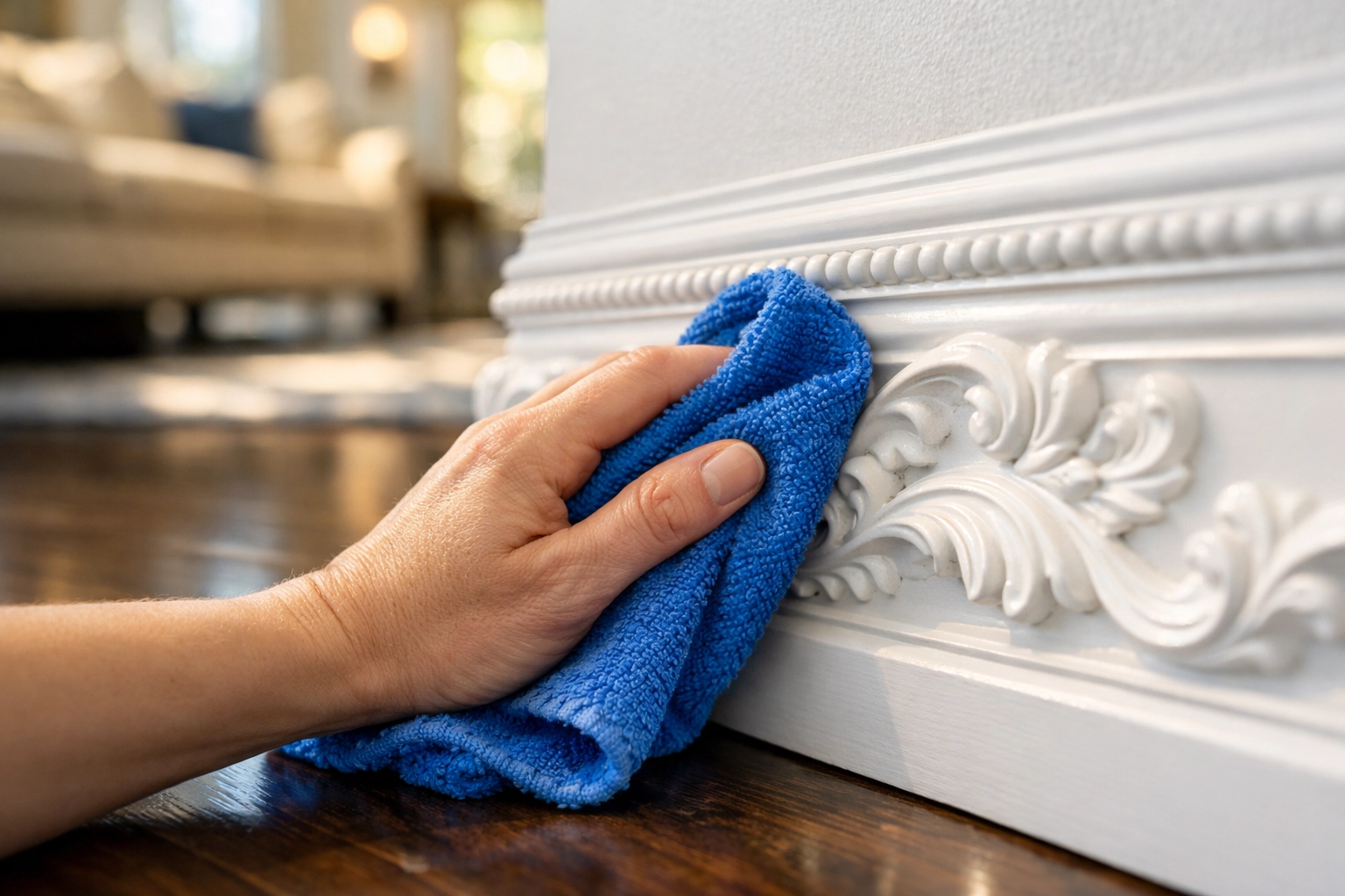 Detail-oriented professional house cleaning in Brookline showing a hand wiping a Victorian baseboard.