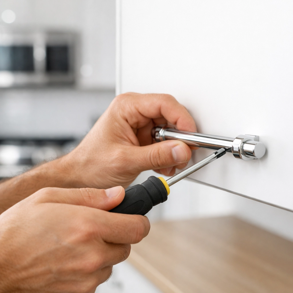 Technician tightening cabinet handle during apartment turnover maintenance