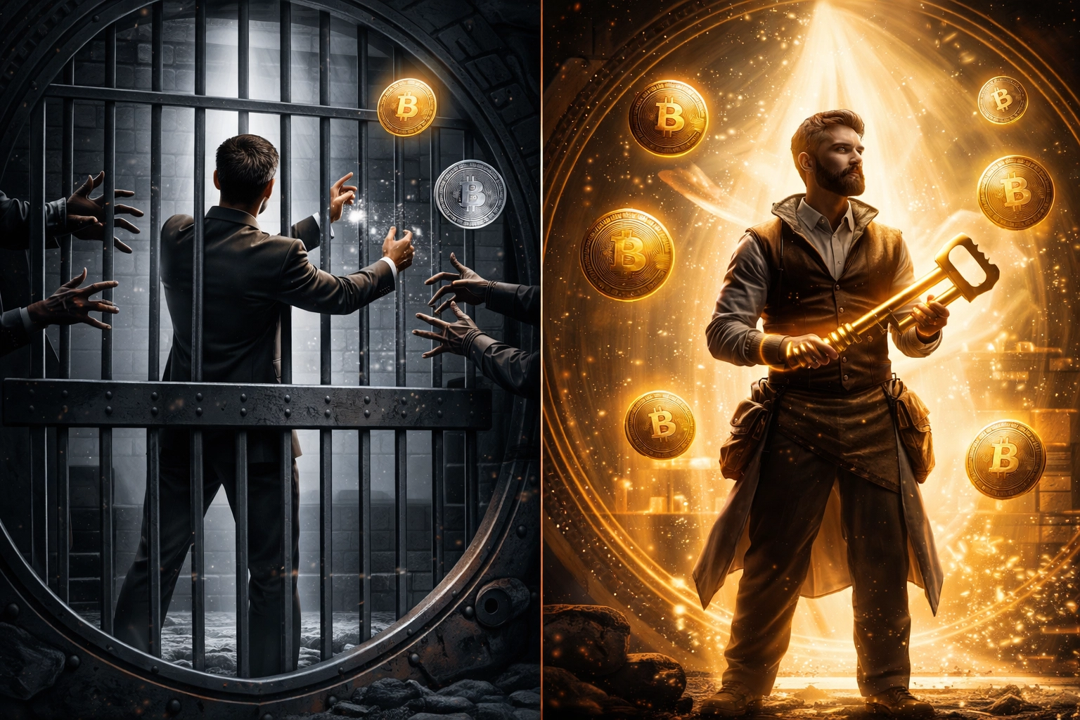 Contrast between restricted custodial crypto and free self-custody, showing merchant independence with cryptocurrency