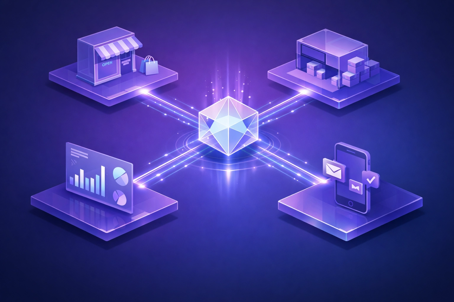 Interconnected digital ecosystem showing unified business systems and data flow for retail transformation