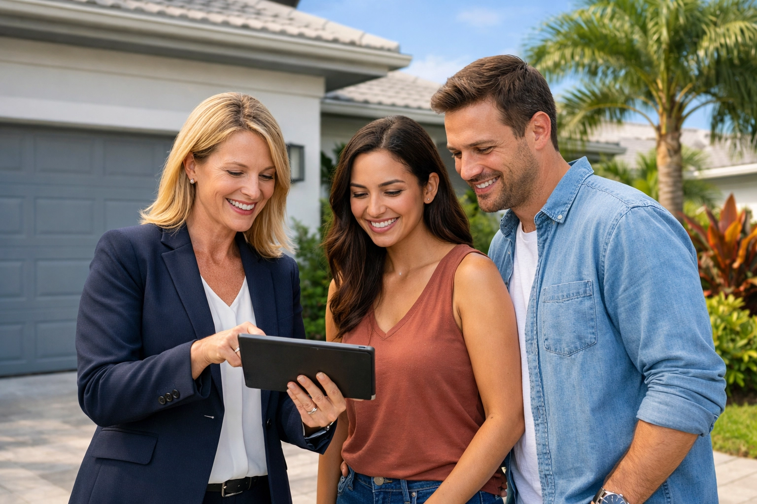 Realtors Cape Coral discussing property details on a tablet with clients outside a modern Florida house.