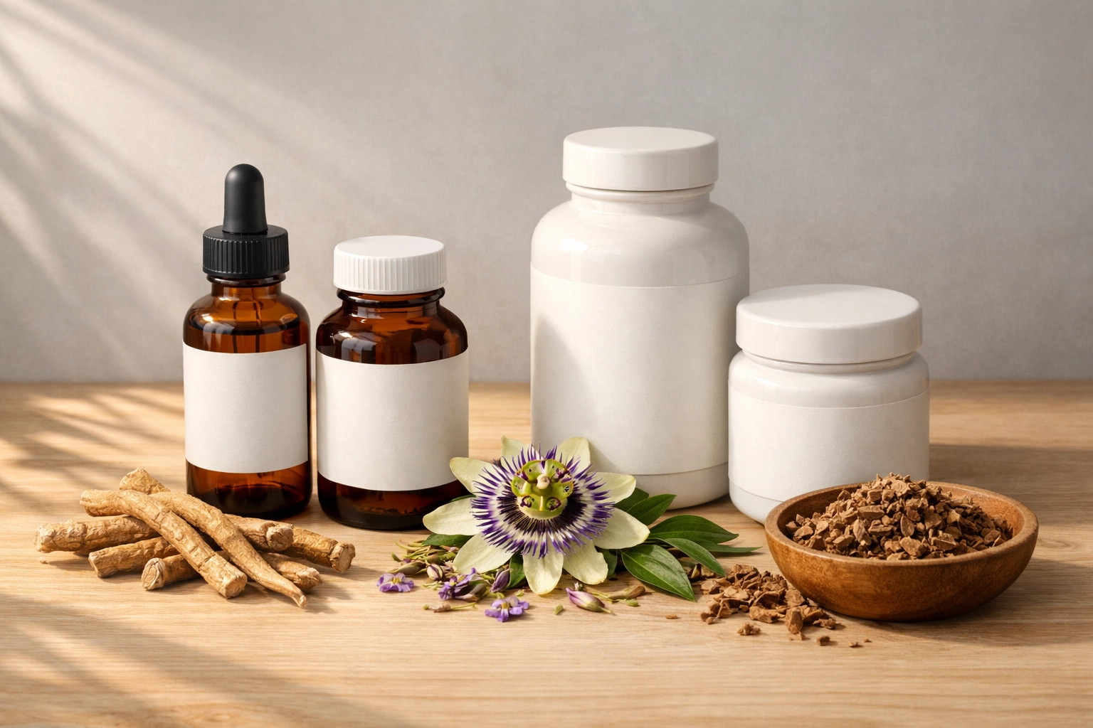 Herbal supplement bottles with ashwagandha, passion flower, and valerian root for stress relief