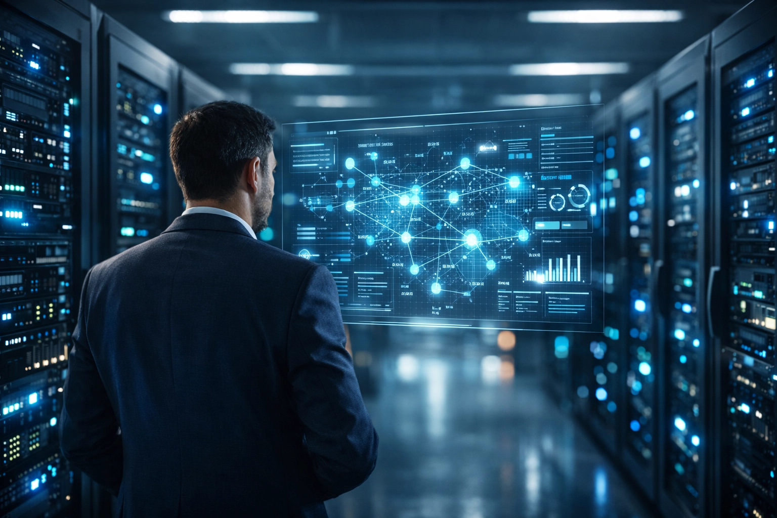 IT specialist monitoring secure network infrastructure in a modern high-tech server room.