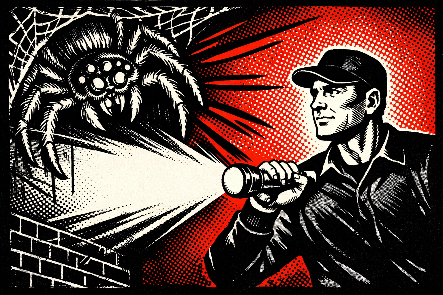 Pest control in Winston County expert technician finds a giant spider with a flashlight.