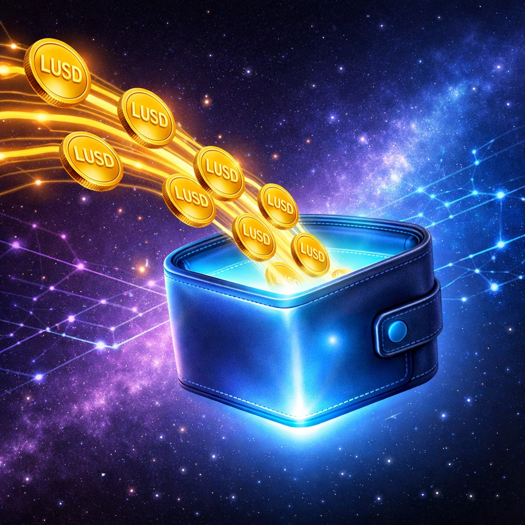 LUSD stablecoin flowing into crypto wallet for volatility-free merchant payments