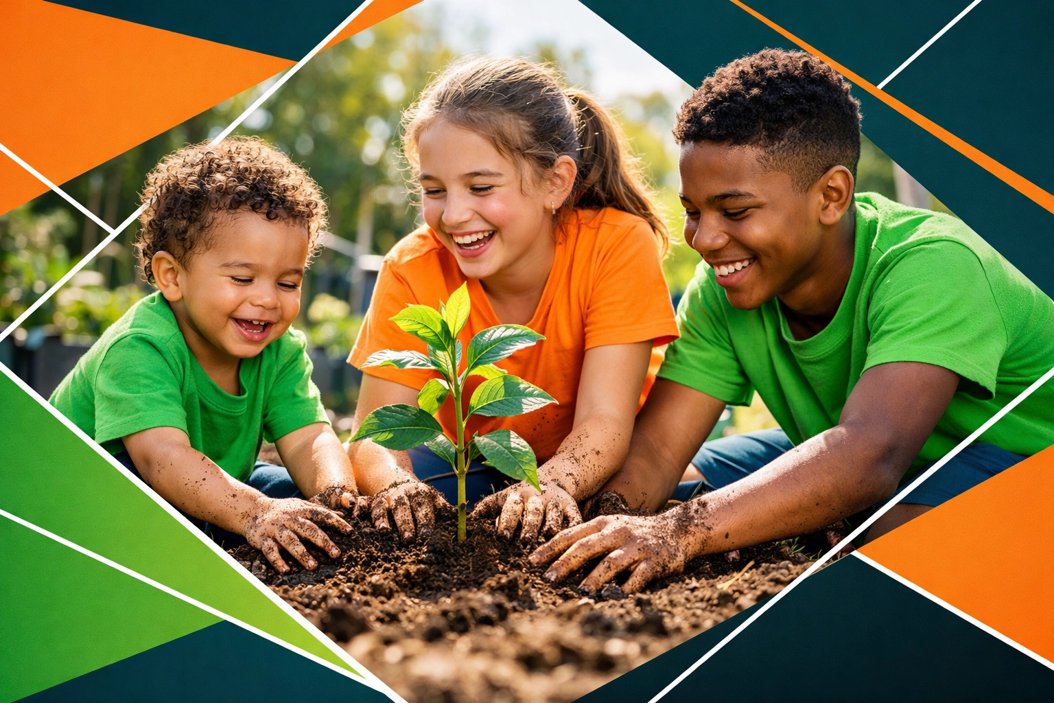 Kids working together in a community garden to develop Christian life skills for kids and servant leadership.