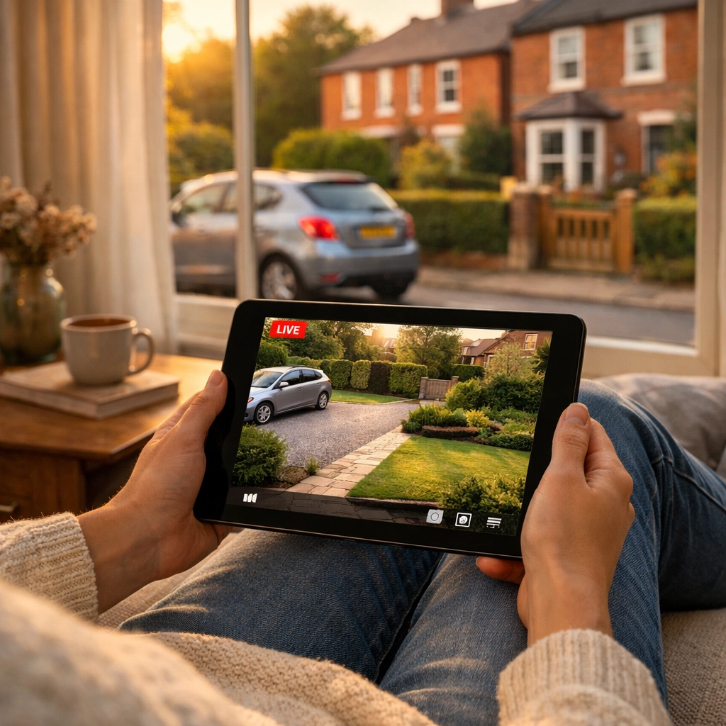 Homeowner viewing live high-definition CCTV footage on a tablet in an Oxford residence for security peace of mind.