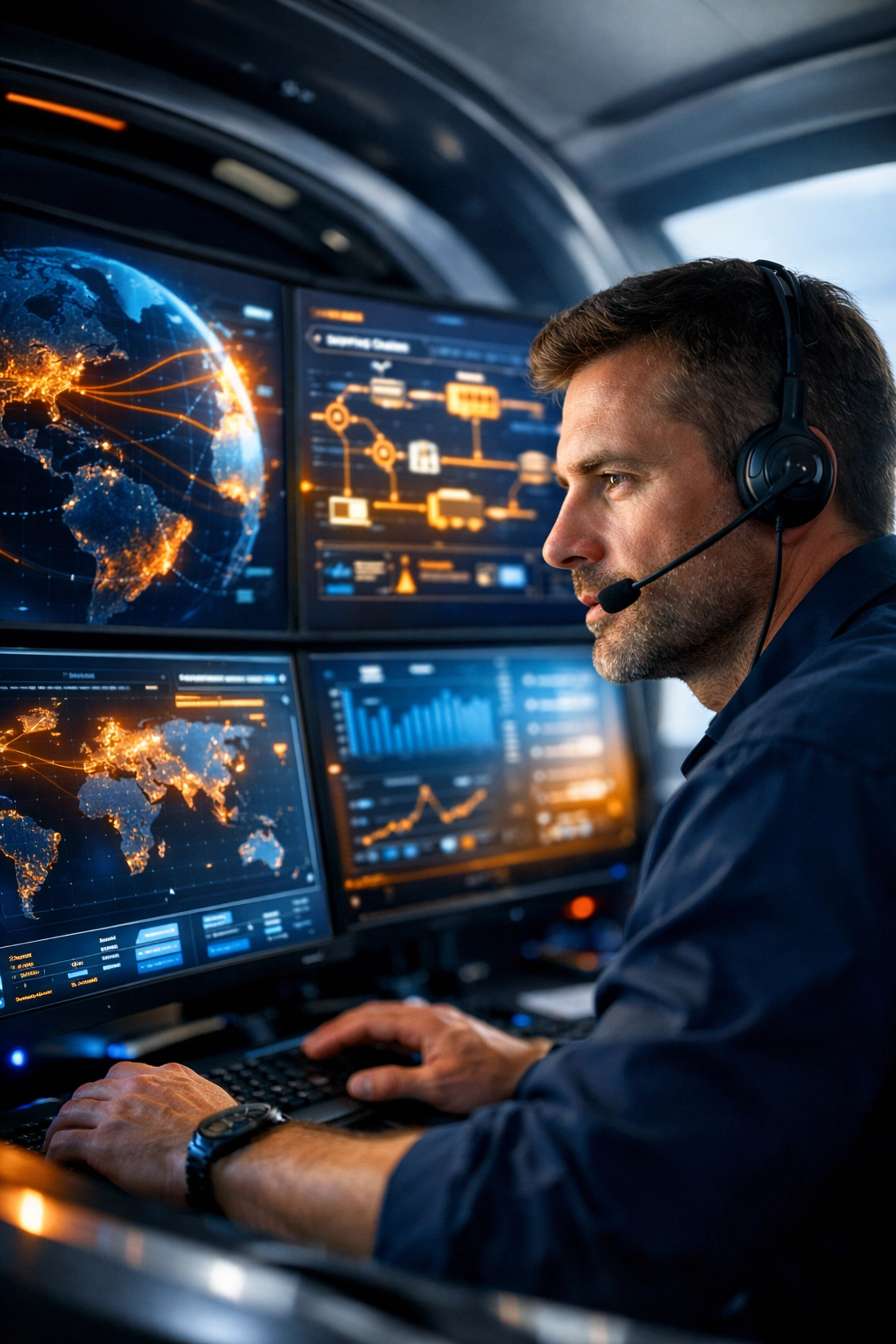 Logistics specialist managing global supply chains using a multi-screen setup inside a high-tech career pod.