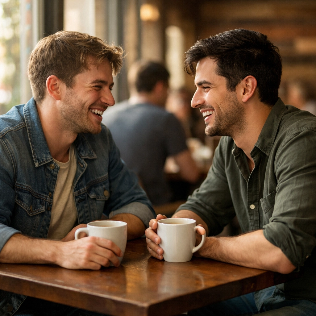 Two men laughing over coffee on first date - gay romance moving from gaming to real life