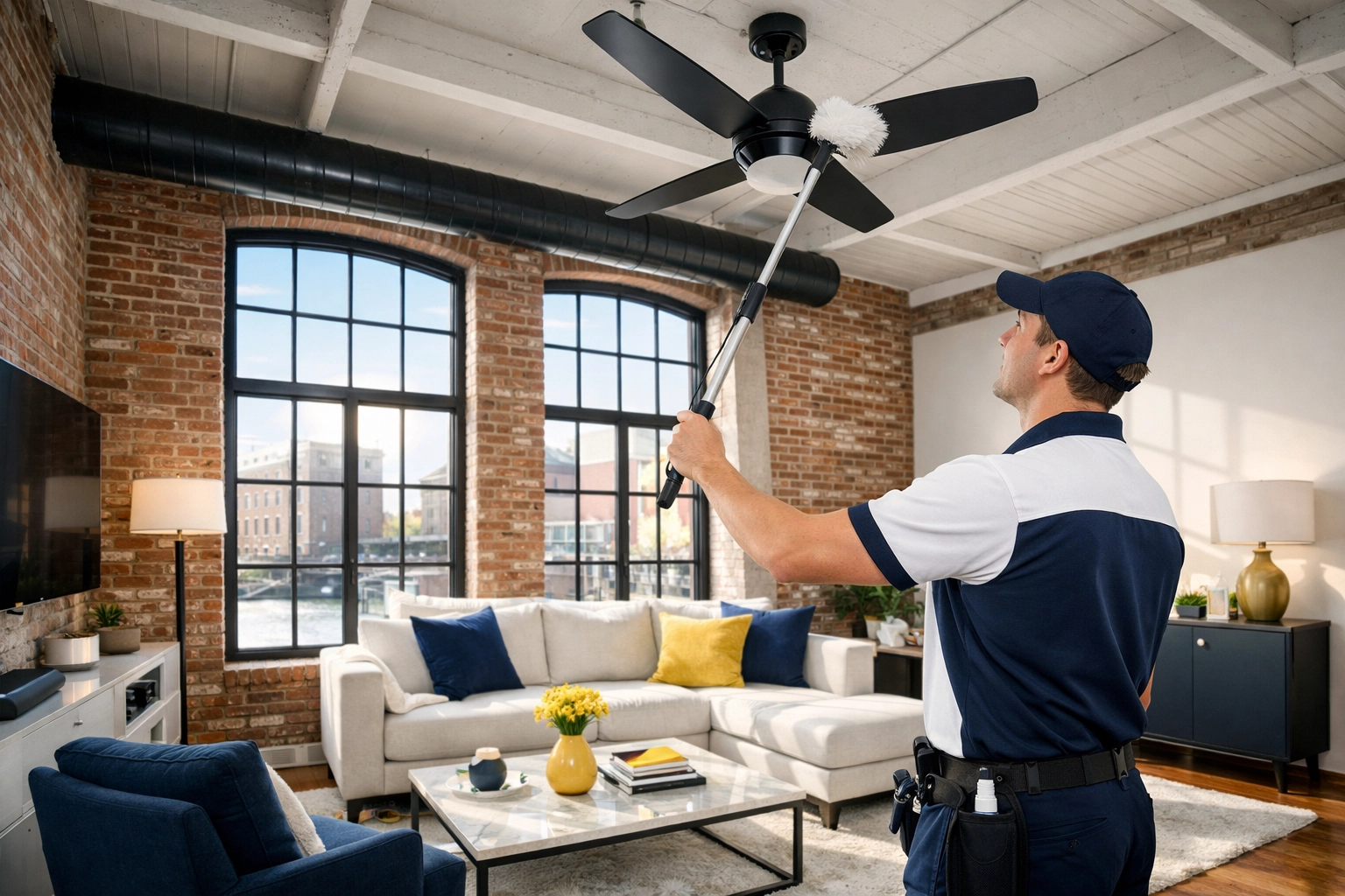 Professional house cleaning Worcester MA specialist cleaning a loft ceiling fan using top-to-bottom methods.