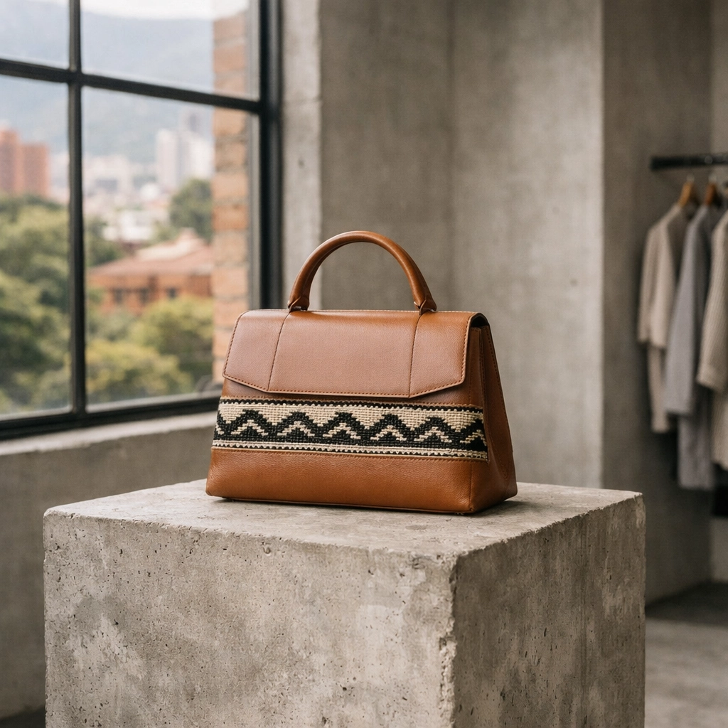Minimalist Medellín retail space displaying a Tigre de Salón bag with indigenous Arhuaco weaving.