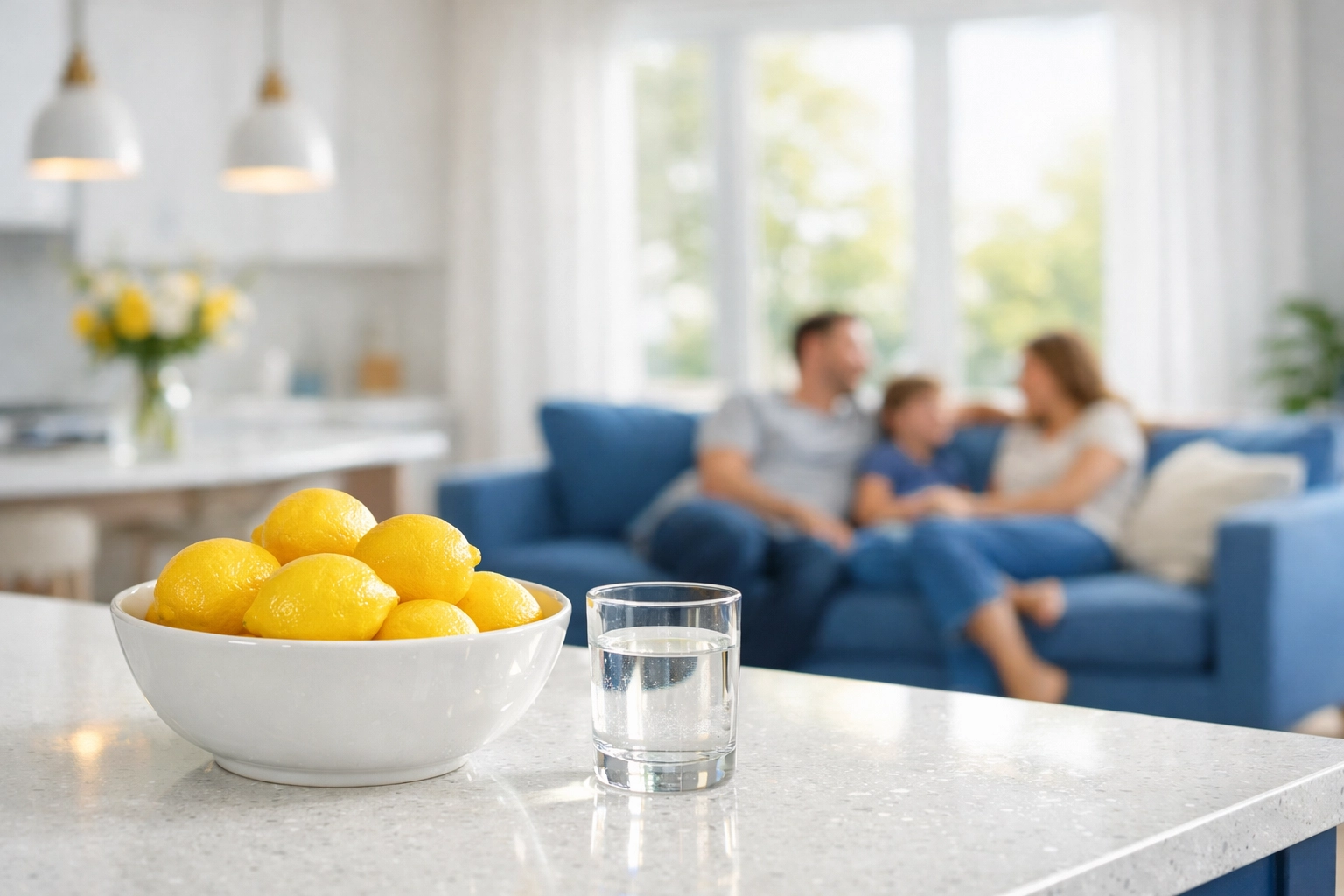 Clean kitchen island and a family relaxing after a weekly house cleaning Brookline MA service.