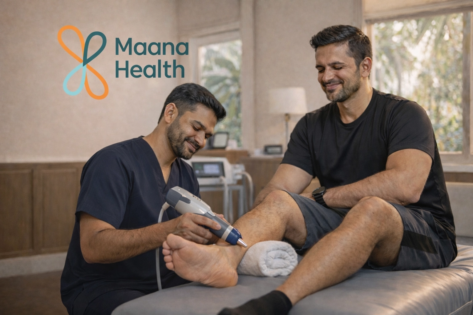 Physiotherapist in a Kochi clinic using ESWT shockwave therapy for sports injury and joint pain recovery.