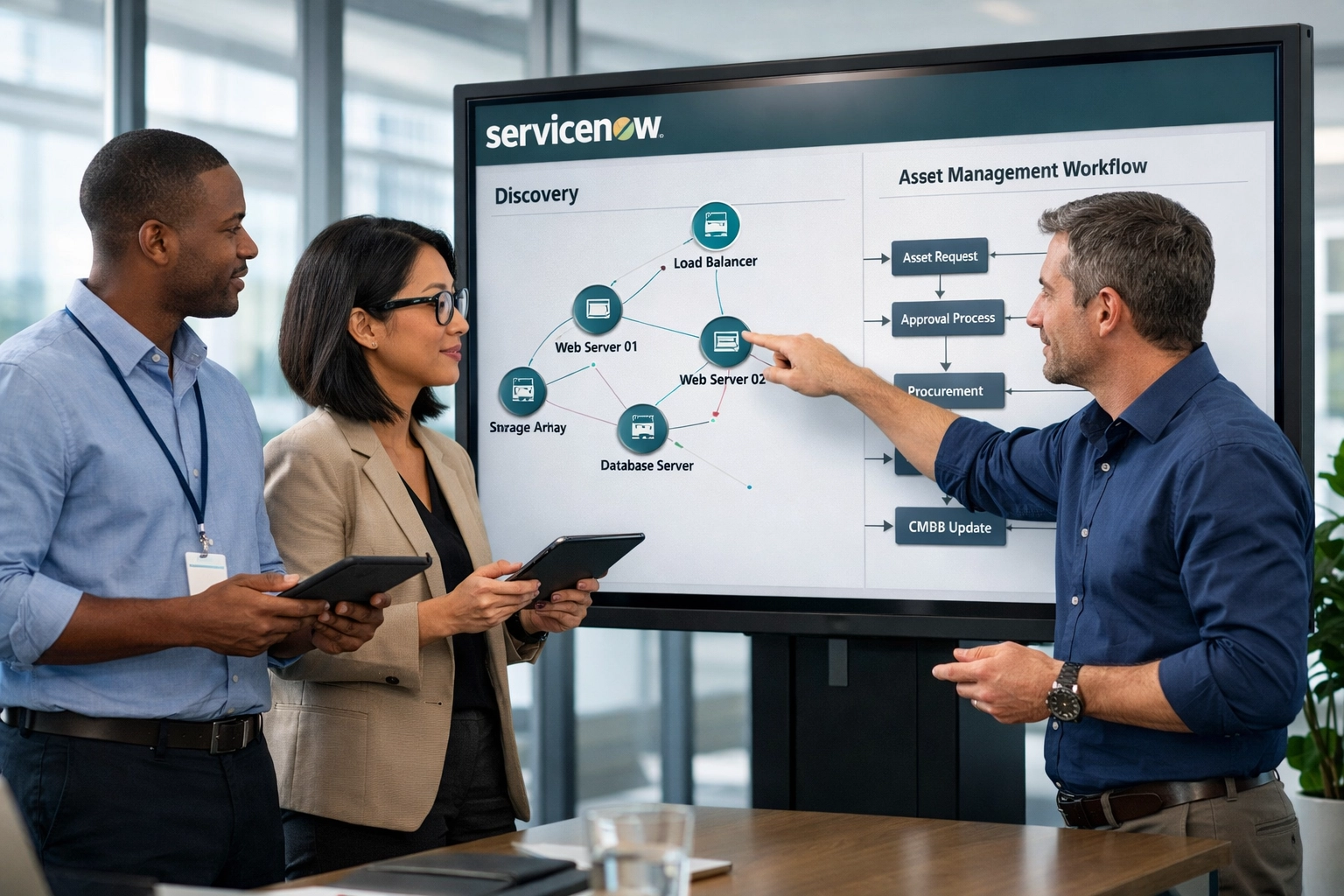 ServiceNow implementation partner consultants reviewing Discovery and asset management workflows