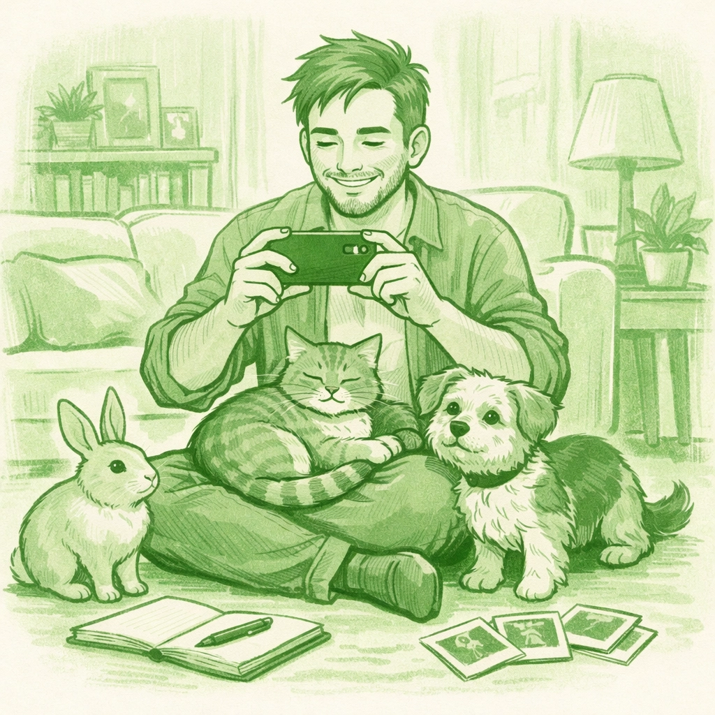 LGBTQ+ foster parent with rescued cat, dog, and rabbit creating chosen family bonds