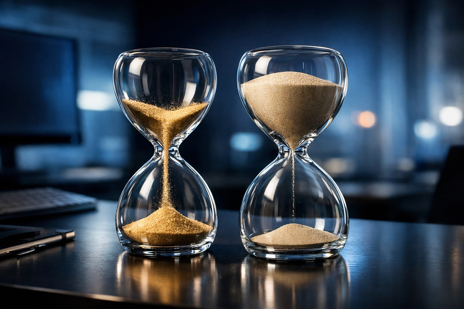 Two hourglasses comparing fast automation ROI versus slow custom software development timeline