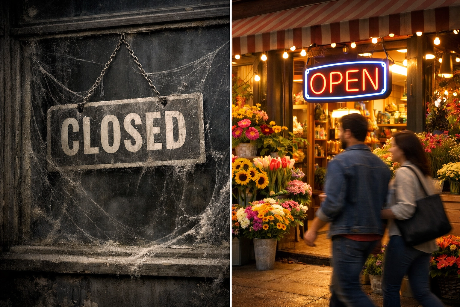 Comparison of inactive closed business versus active thriving storefront