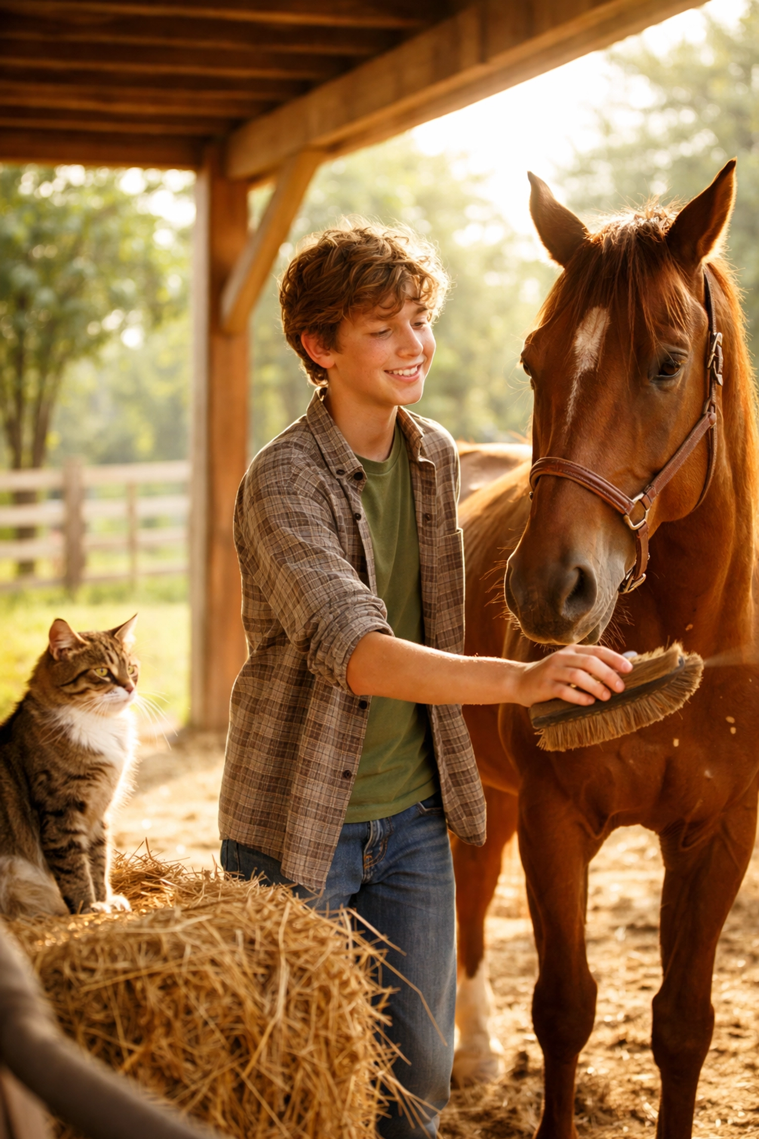 Teenager brushing a horse at Karinya Farm, highlighting animal-assisted therapy for school refusal support