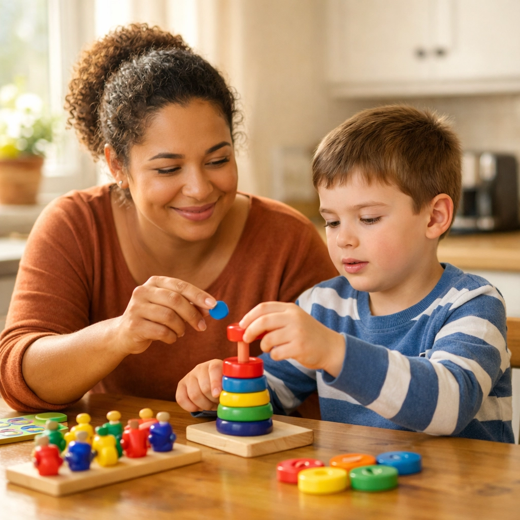Parent and child with autism practicing ABA learning activities together at home in Georgia