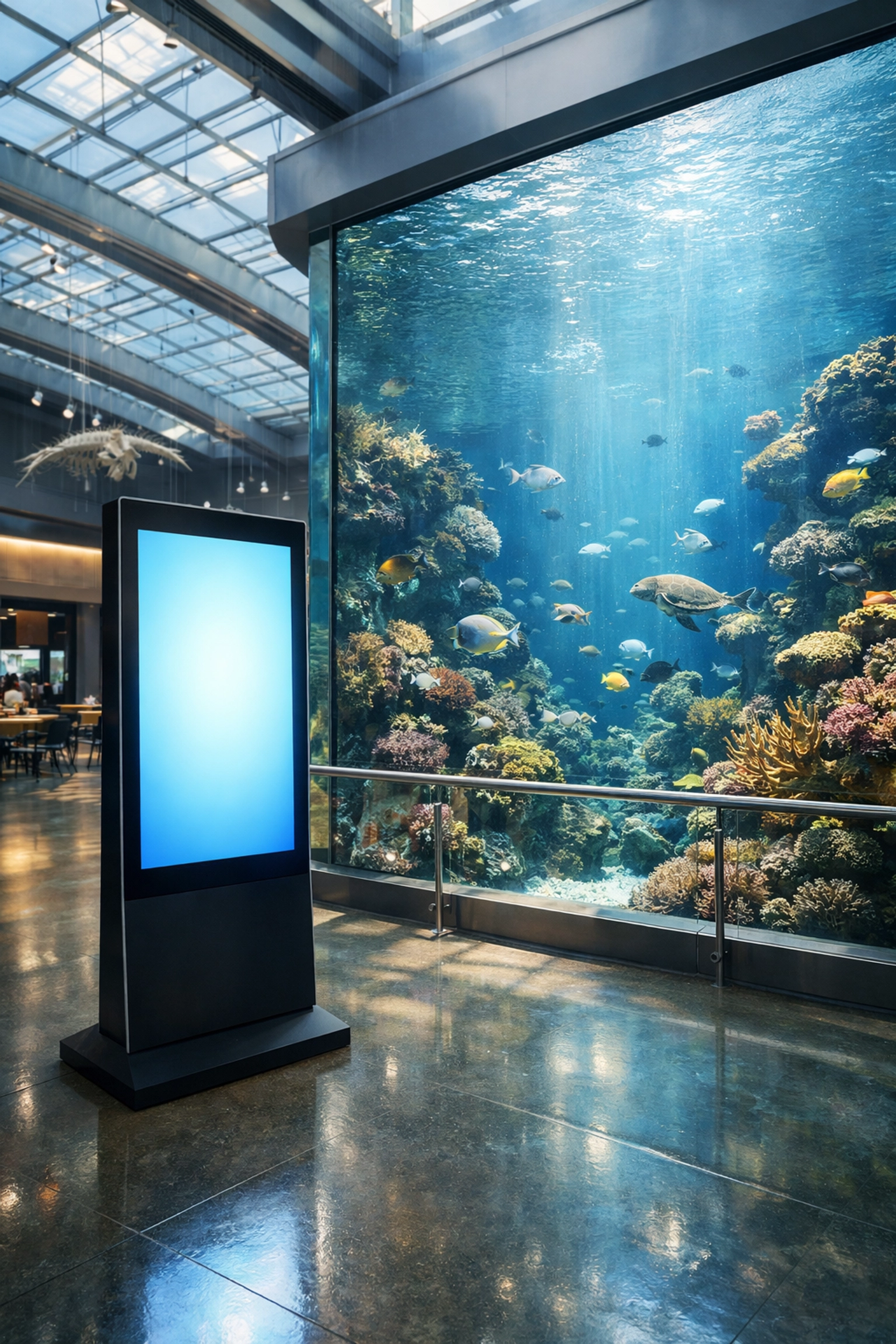 Interactive digital kiosk in a modern aquarium providing conservation education and visitor information.
