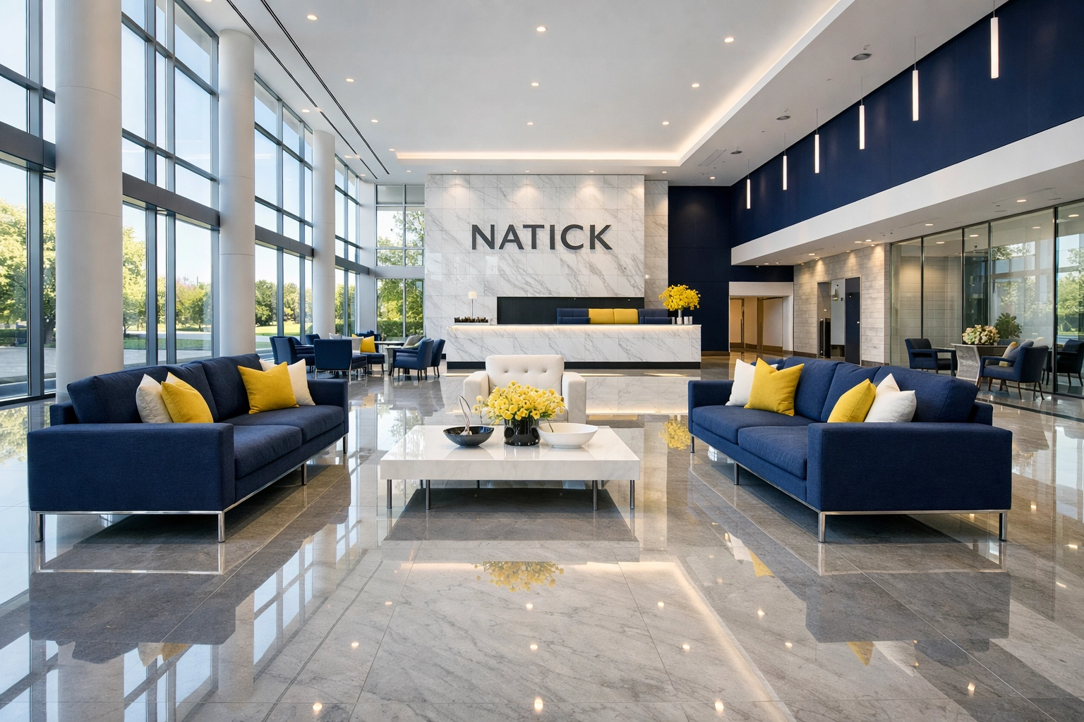 Polished corporate lobby in Natick, MA, illustrating professional commercial floor maintenance.