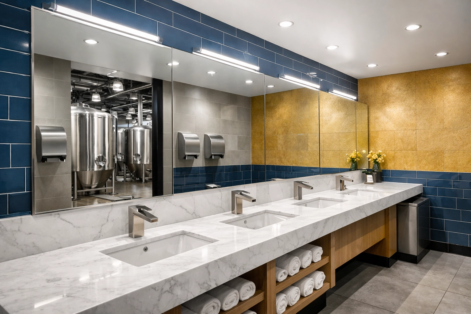 Clean and sanitized luxury commercial restroom inside a Worcester brewery, featuring polished mirrors and marble.