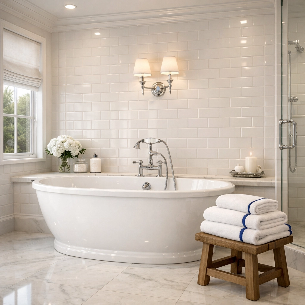Sparkling luxury bathroom with clean grout showing the results of professional deep cleaning services.