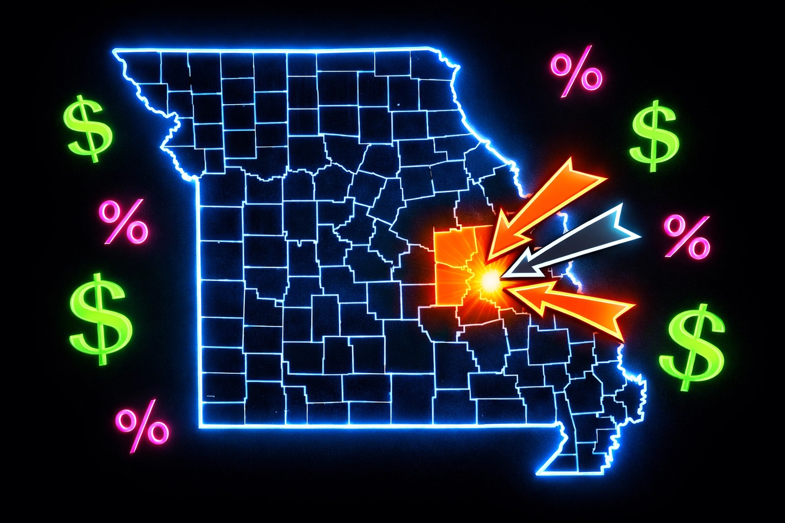 Missouri map highlighting Arnold and Jefferson County sales tax rates for car buyers