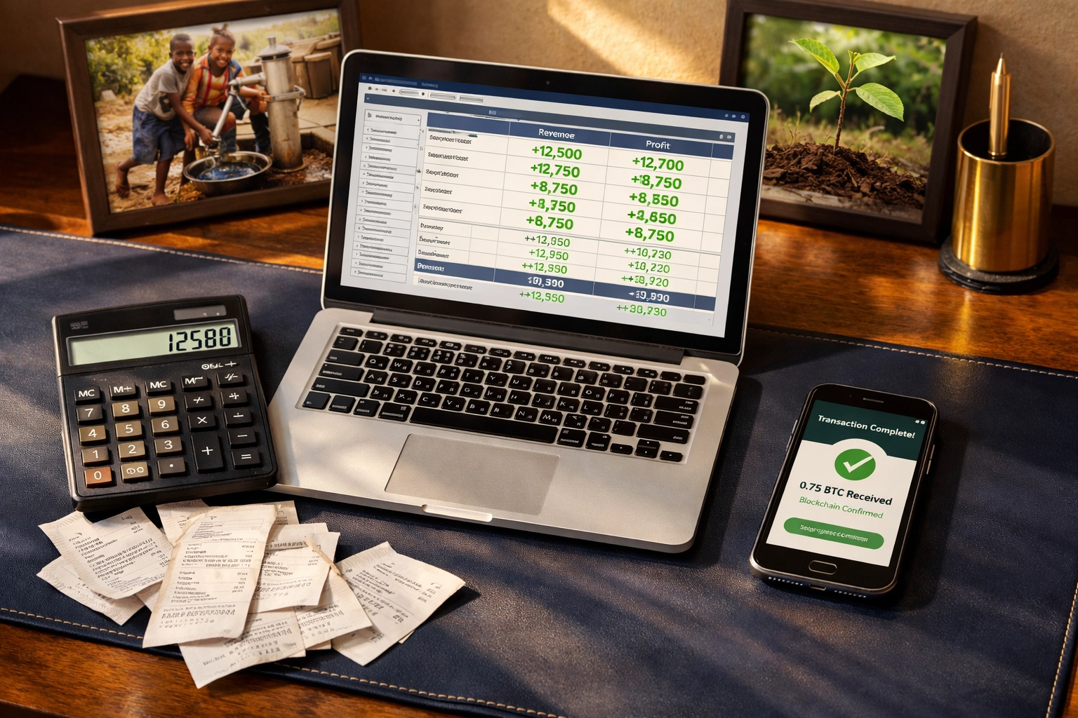 Business desk with blockchain transaction receipts and charitable impact documentation for tax reporting