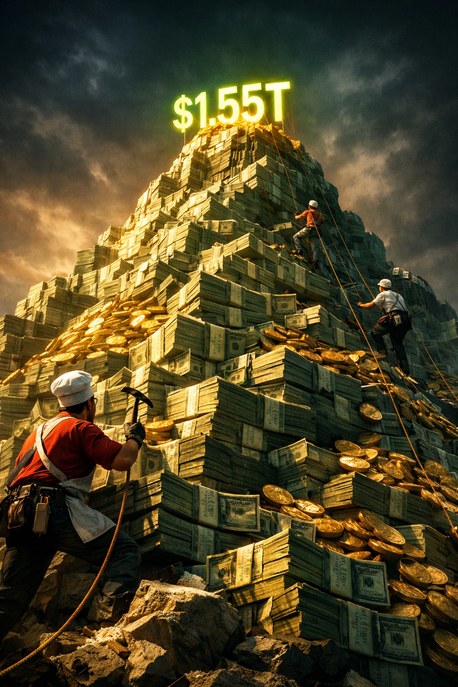 Mountain of money representing $1.55 trillion restaurant industry sales in 2026 with workers climbing upward