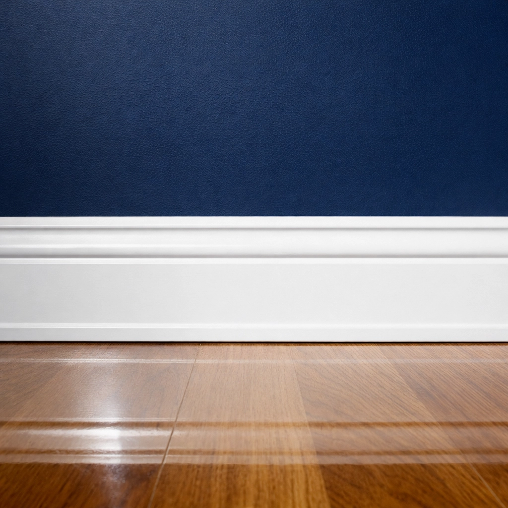 Close-up of clean white baseboards and polished floors in a North Cambridge home after dusting.