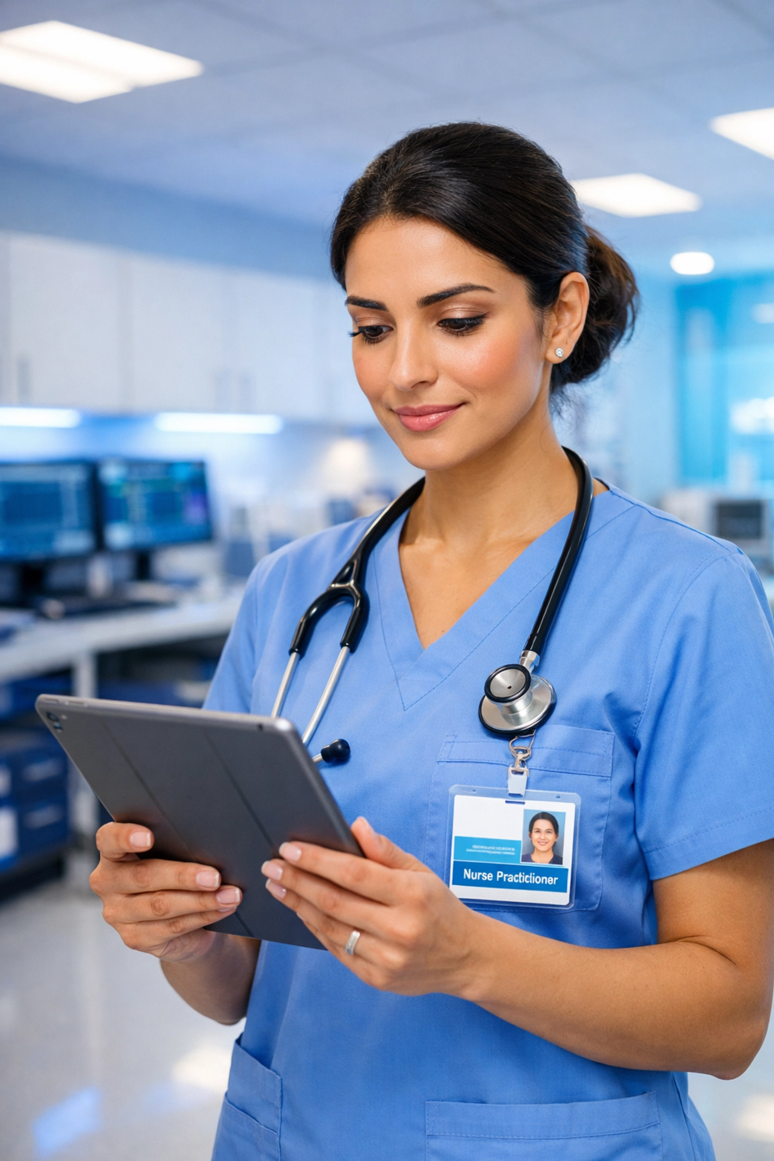 A nurse practitioner using a digital tablet to manage operations in a high-tech medical facility.