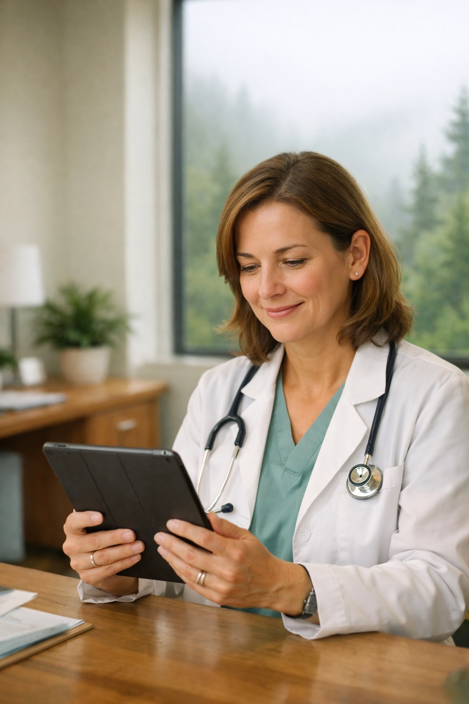 Healthcare clinician completing required Washington state telehealth training in a modern office setting.