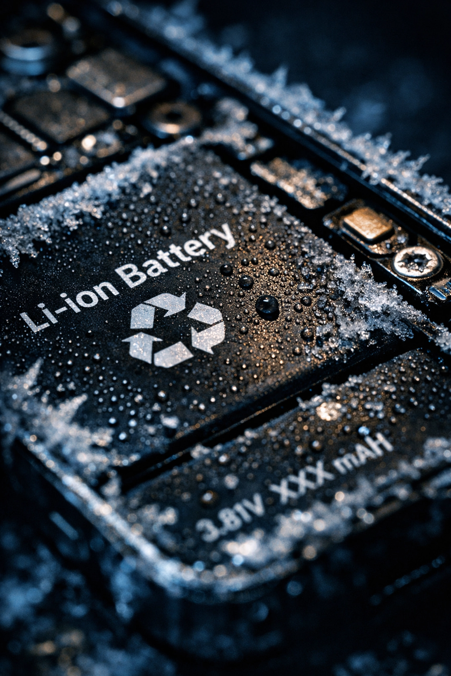 iPhone lithium-ion battery component with frost crystals showing cold temperature damage effects