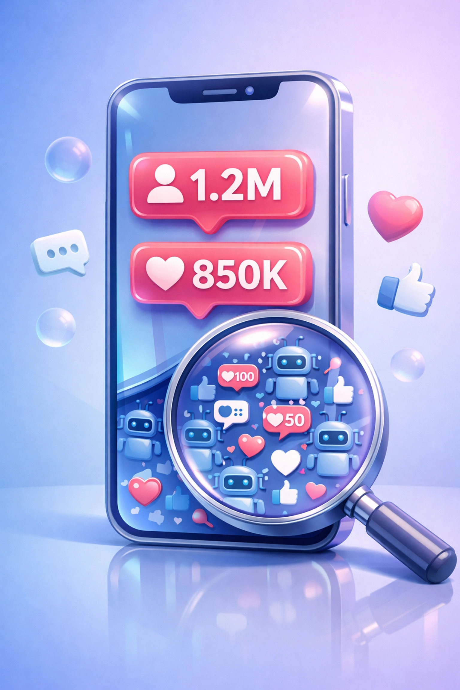 Magnifying glass revealing fake followers and bot accounts behind inflated social media vanity metrics