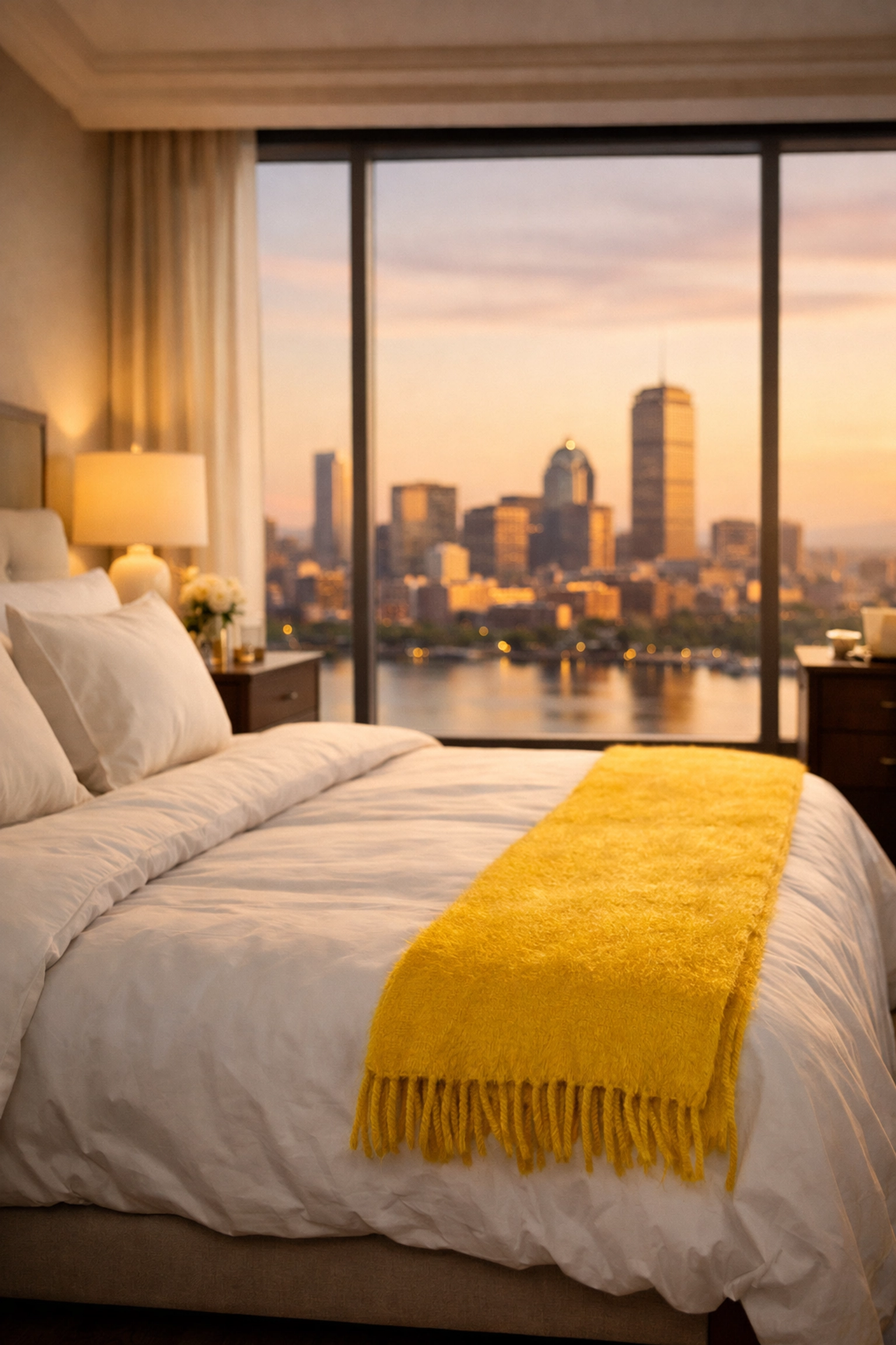 Pristine luxury bedroom overlooking Boston skyline after a professional cleaners Boston MA turnover.