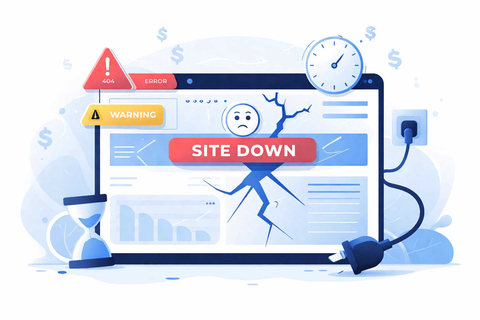 Vector illustration of a website dashboard showing error alerts and downtime to highlight the cost of neglected website maintenance