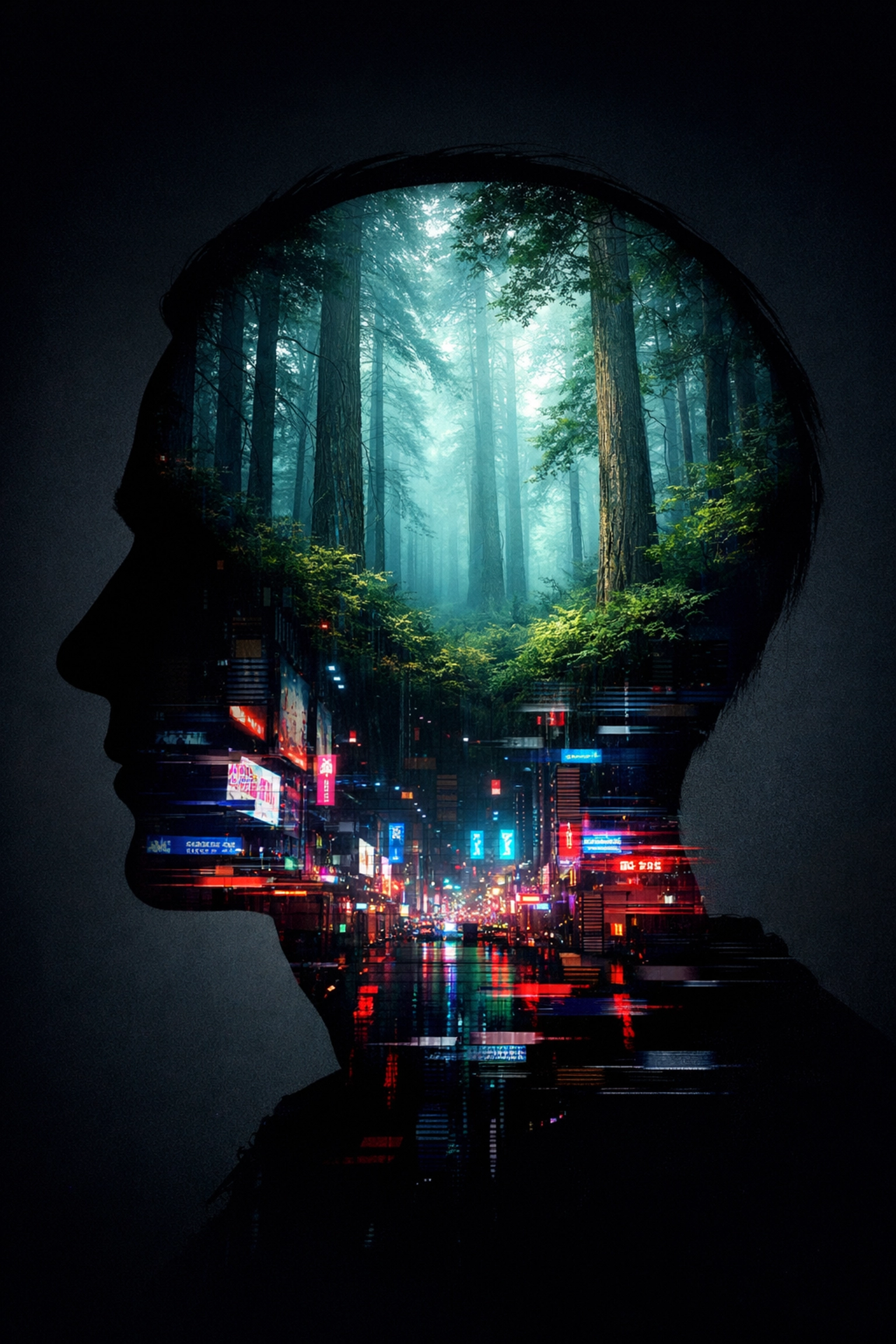 Artistic silhouette of a mind transitioning from a noisy city to a peaceful forest for cognitive clarity.