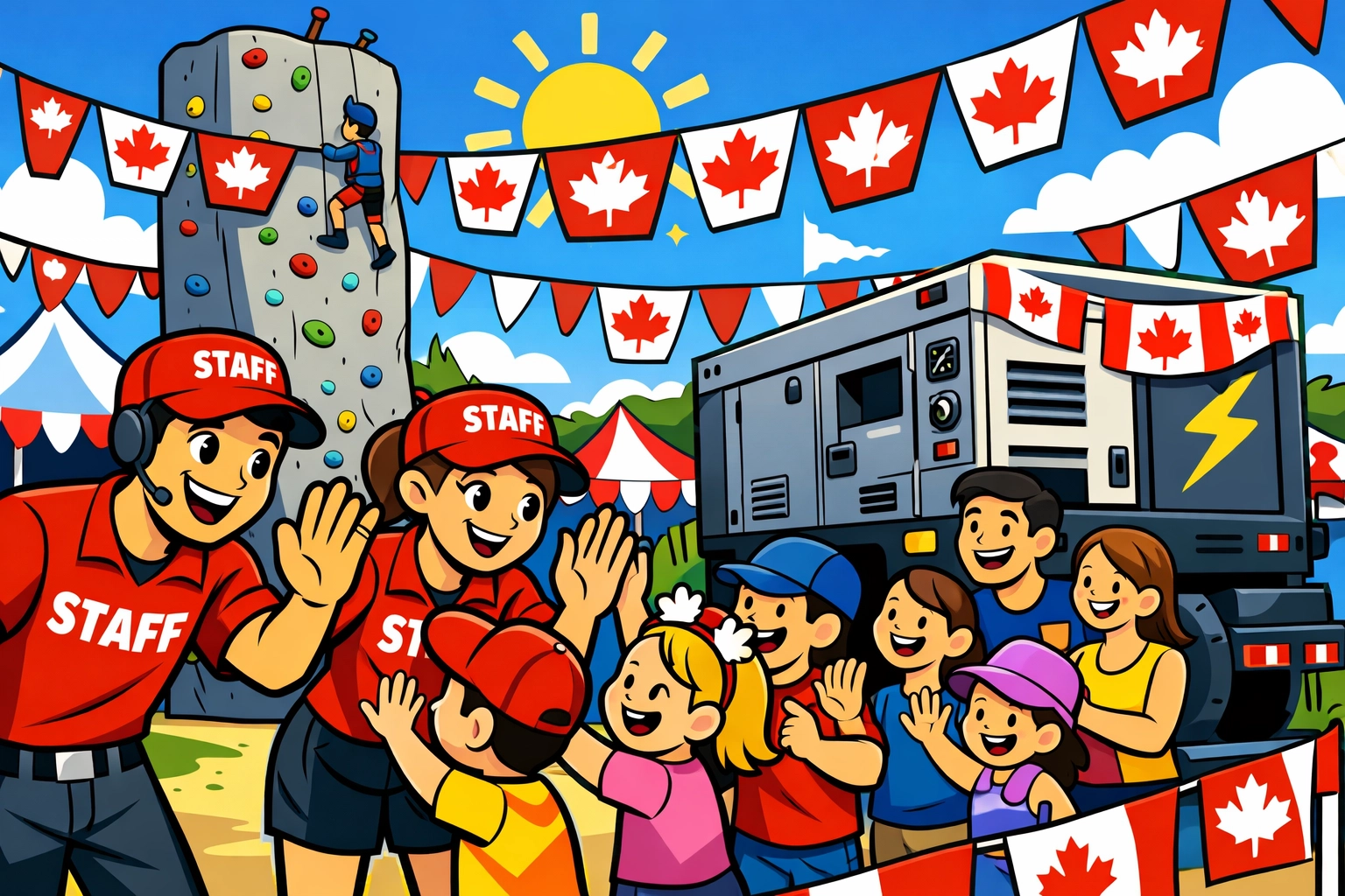 Professional event staff managing a busy Canada Day festival with a mobile rock climbing wall and portable generators.