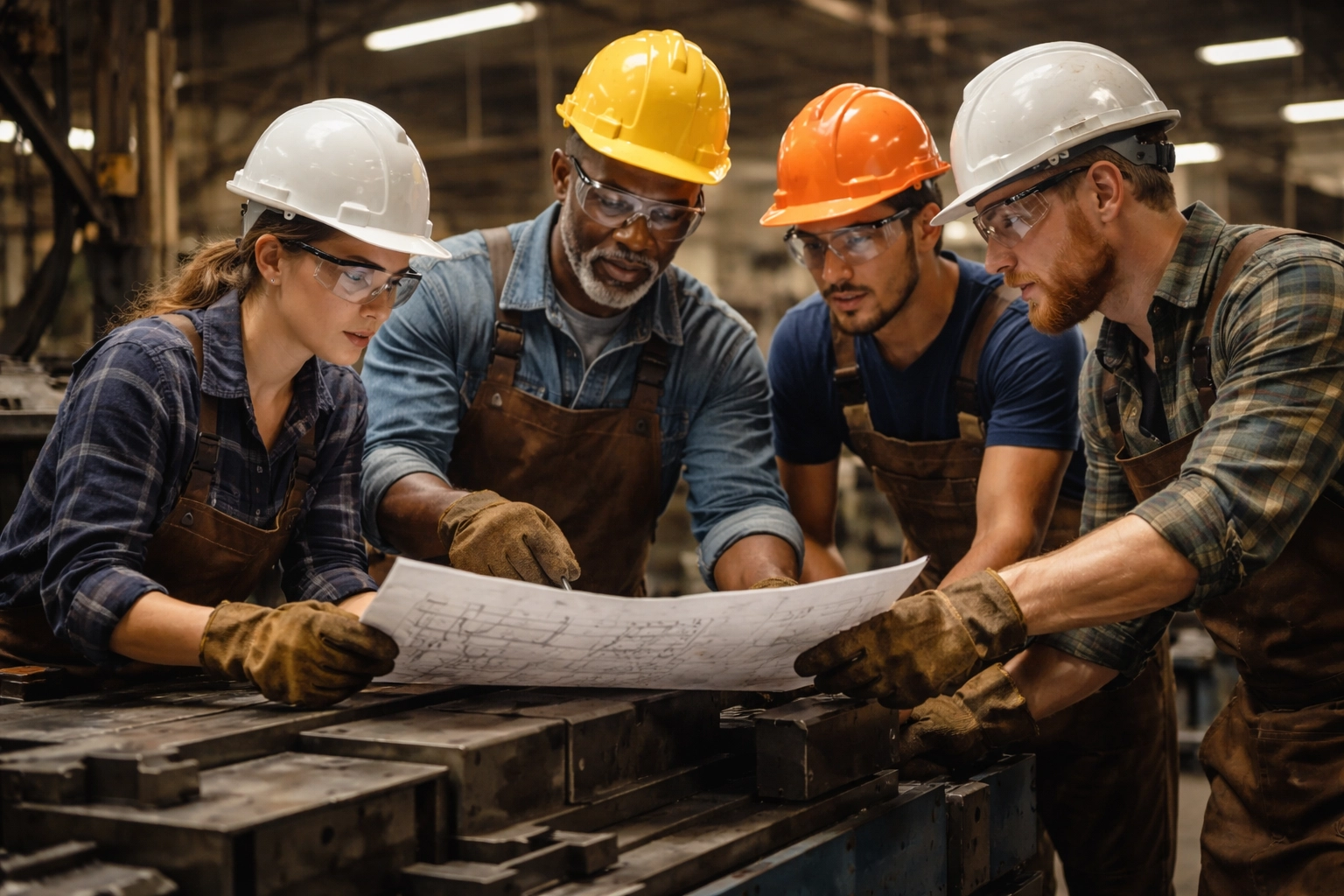Diverse team of manufacturing workers collaborating on factory floor, showcasing skilled labor and recruiting in 2026.