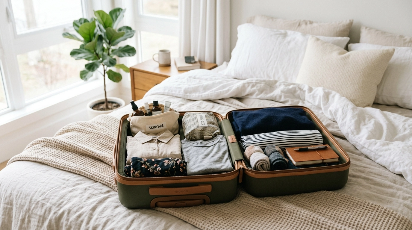 Mindful packing of a suitcase, focusing on essentials and comfort