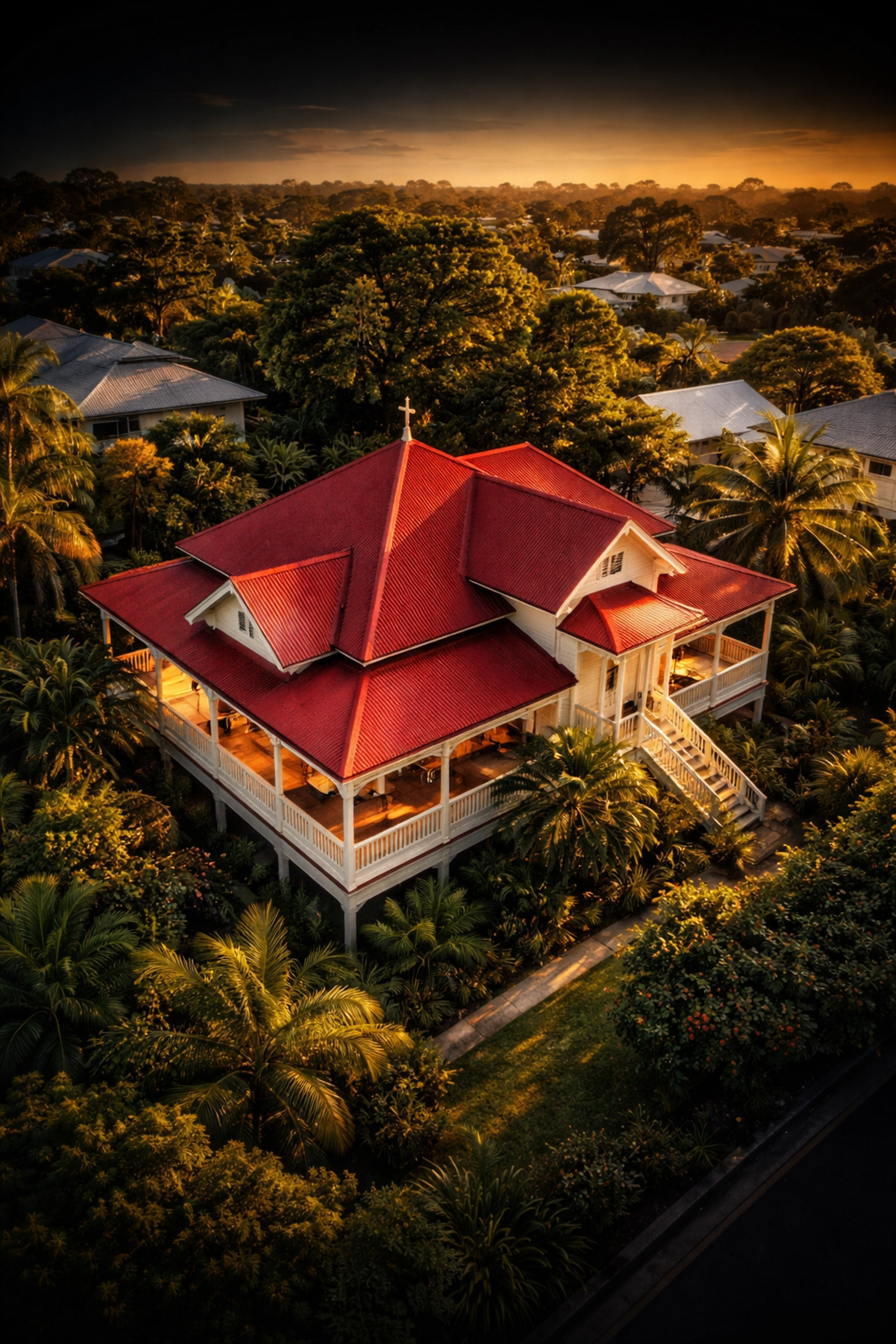 Aerial view of a classic Queenslander home with a red iron roof in Brisbane, representing suburb-specific roofing.
