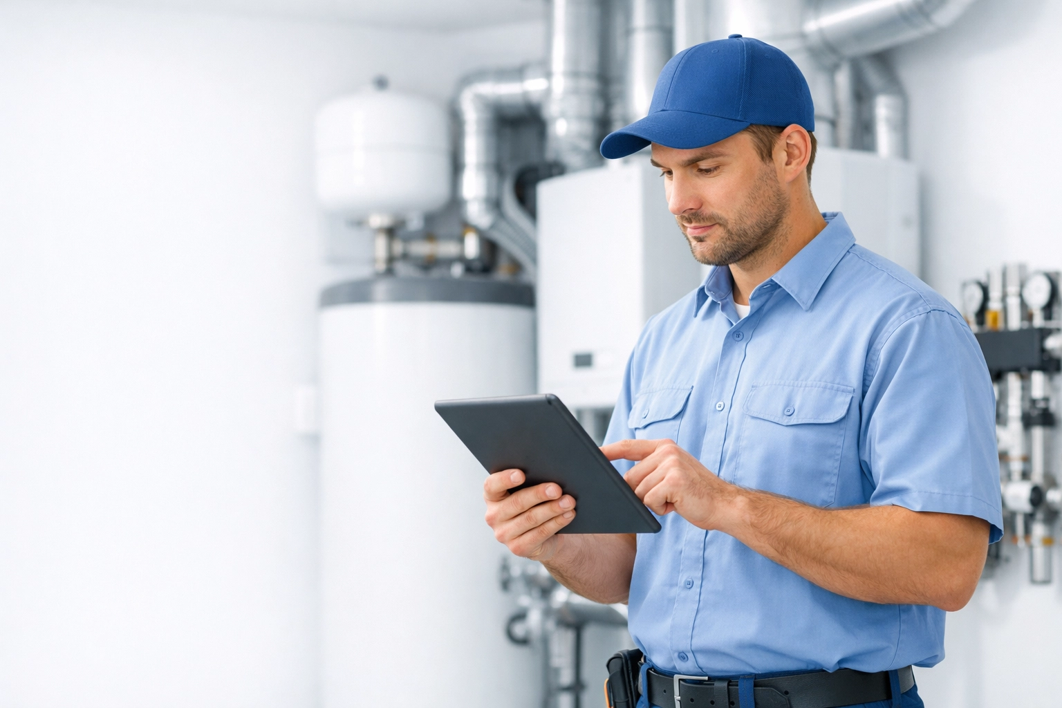 Licensed HVAC technician using a tablet to conduct hvac maintenance in Florida and prepare for emergency AC repairs.
