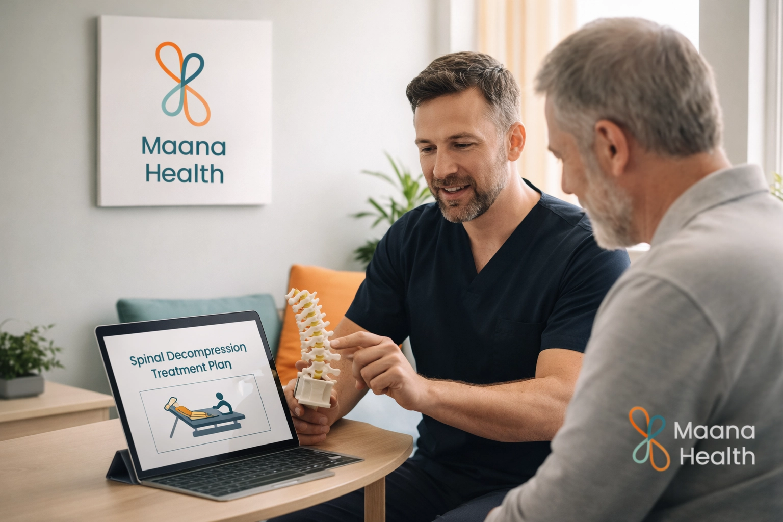 Patient consulting a physiotherapist about spinal decompression at a top spine clinic in Kochi.