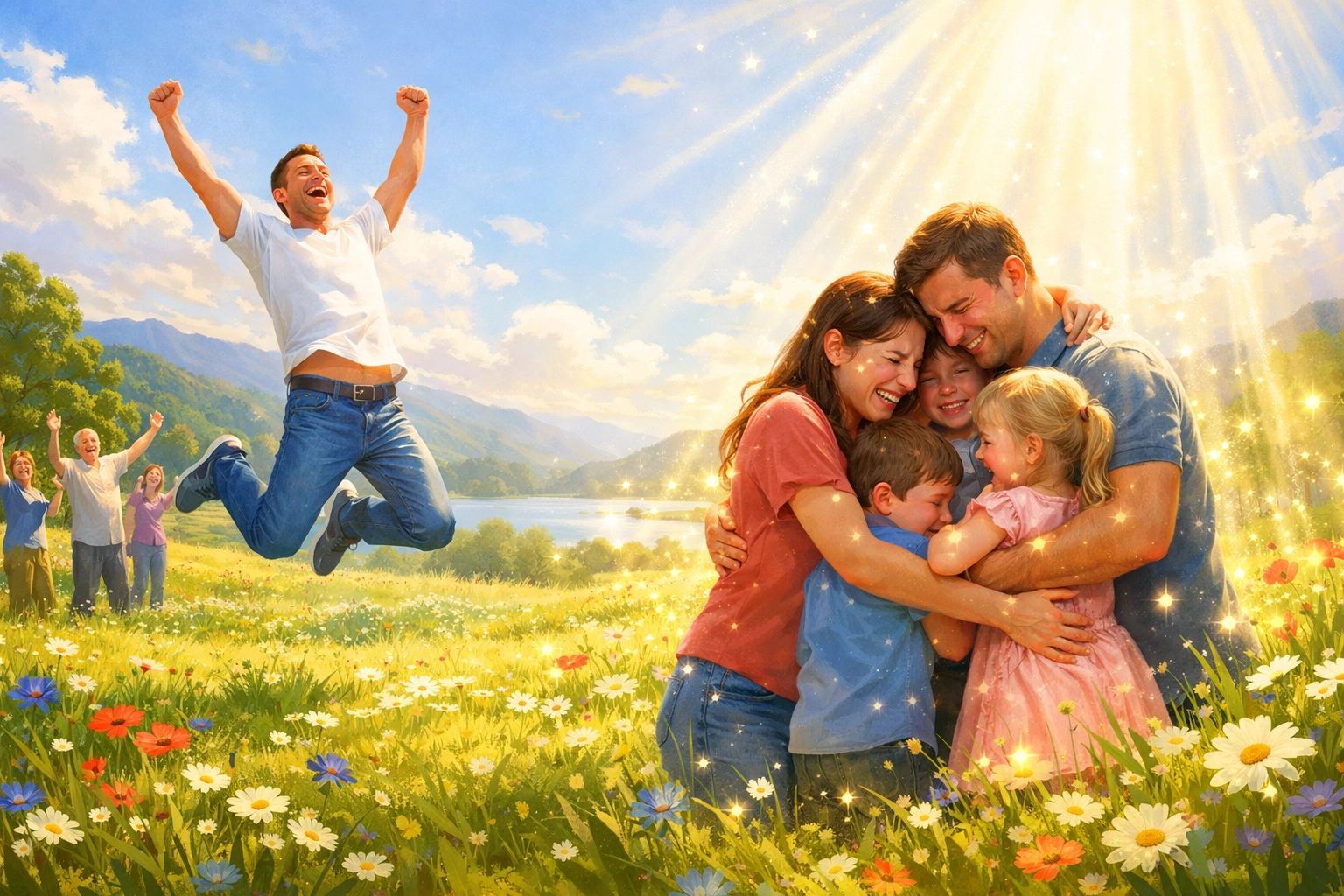 People celebrating restoration and healing in a sun-drenched meadow, free from pain and tears in the New Earth.