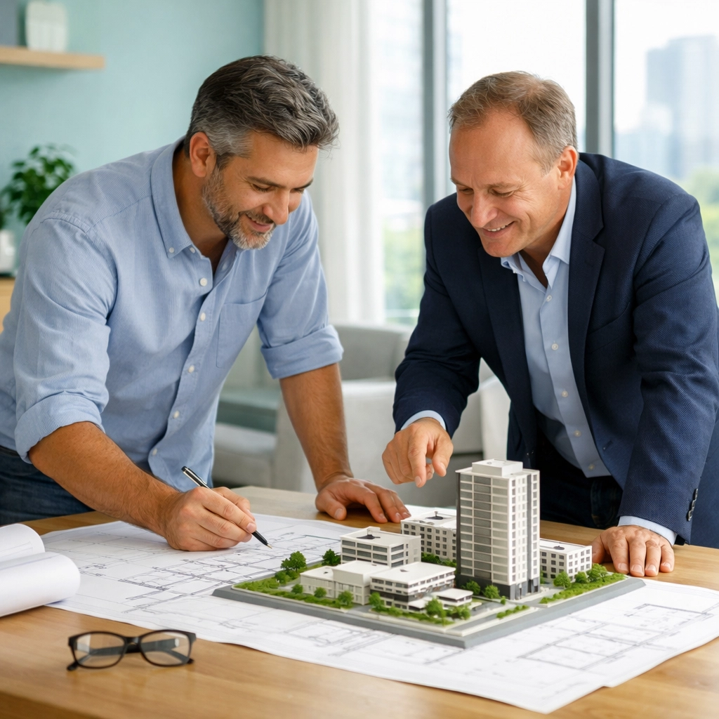 Design build contractors in South Florida reviewing commercial construction blueprints and building models in an office.