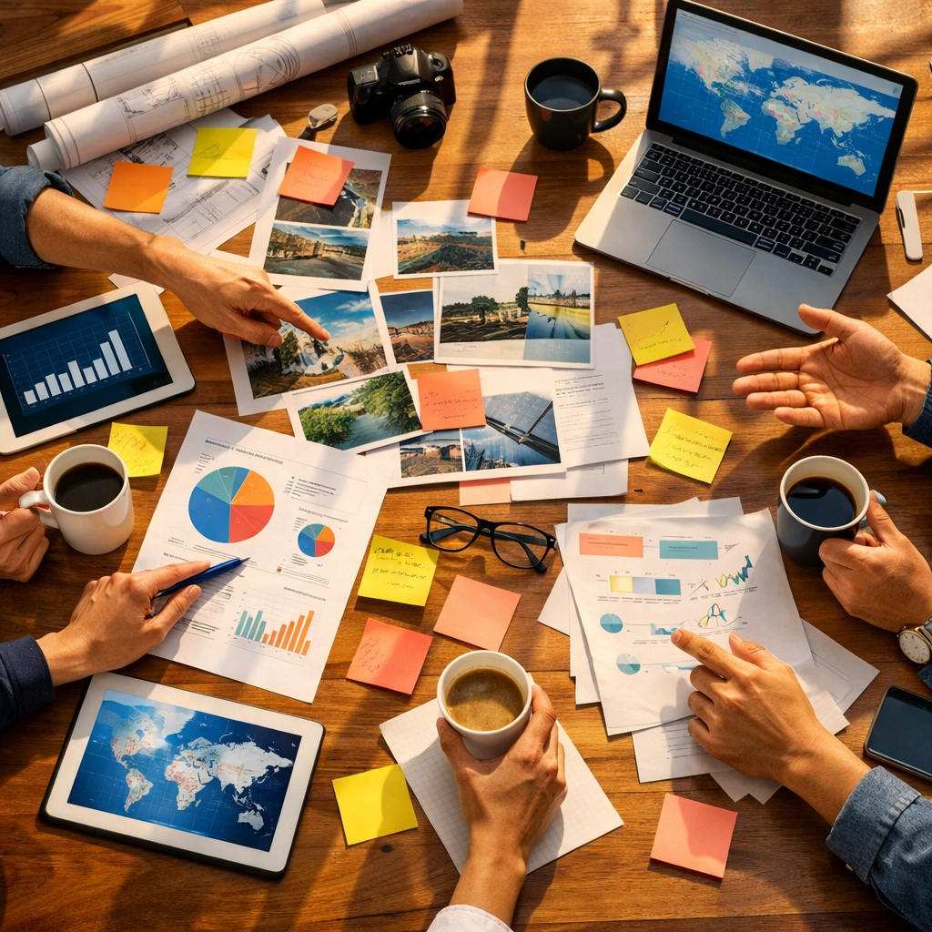 Communications team collaborating on strategic planning with laptops and documents