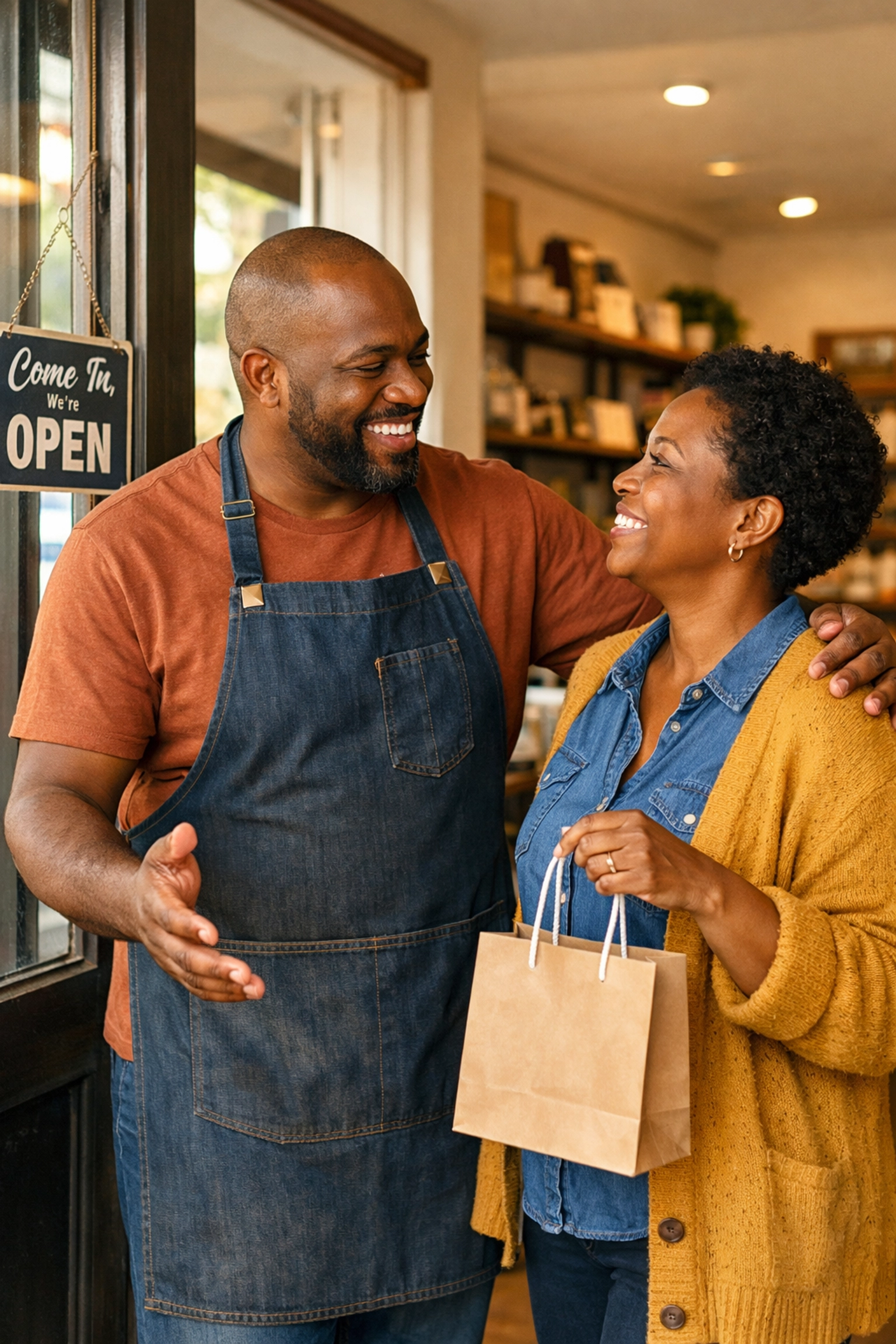 Black business owner greeting loyal returning customer at shop entrance with shopping bag